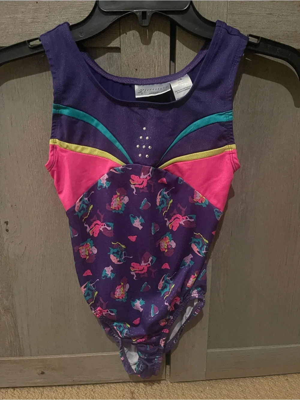 Girls Purple Mermaid Print Gymnastics Leotard with Pink Accents by